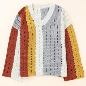 Color Block V-Neck Openwork Drop Shoulder Sweater